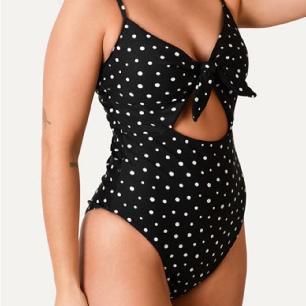 Glamorous Black & White Polka Dot One-Piece with Front Tie